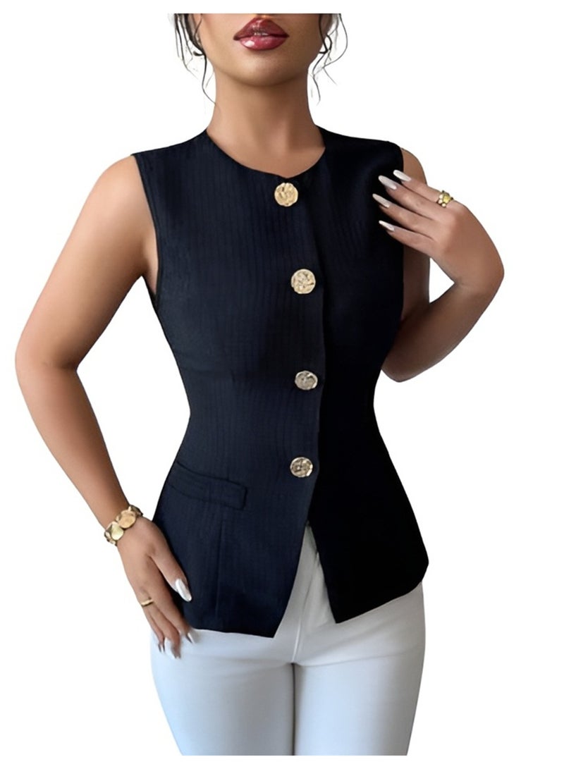 Selina Wear Women’s Black Sleeveless Blazer Vest Top with Gold Button Front, (Size-M). Crew Neck Office Suit, Elegant Fitted Button-Up Design, Dressy Wear Vest for Casual, Party and Formal Looks. - Image 2